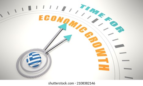 Time for economic growth words on clock face. Flag of Greece. 3D Render