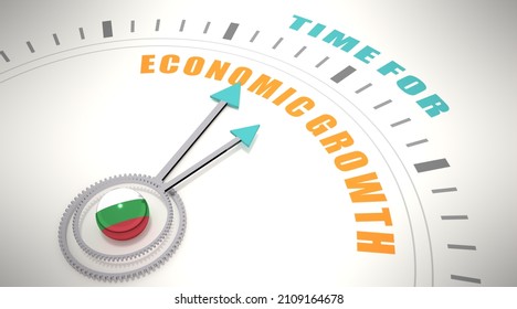 Time for economic growth words on clock face. Flag of Bulgaria. 3D Render