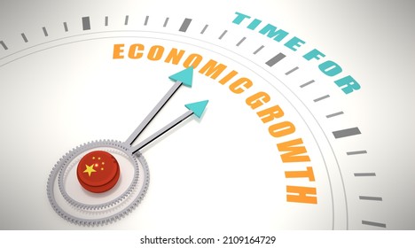 Time for economic growth words on clock face. Flag of China. 3D Render