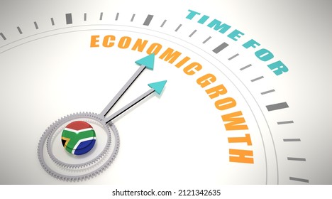 Time For Economic Growth Words On Clock Face. Flag Of South Africa. 3D Render