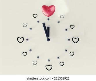 Time To Find True Love Illustration - Clock With Minute And Hour Hand Reaching 12 O'clock In A Shape Of Heart.