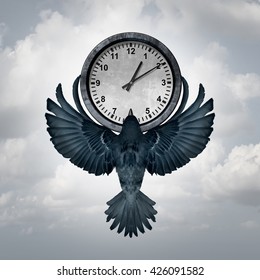 Time Flies Concept As A Bird With Open Wings Lifting Up A Clock As A Metaphor For Management Of Deadline Or Managing Appointments With 3D Illustration Elements.