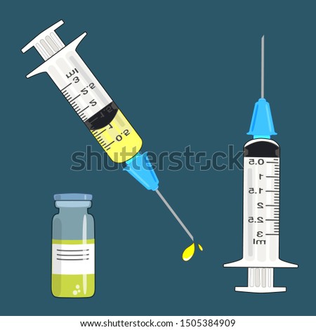 It's time to get vaccinated. Flat concept of a syringe with a vaccine. A medicine bottle. Isolated, dark. Illustration