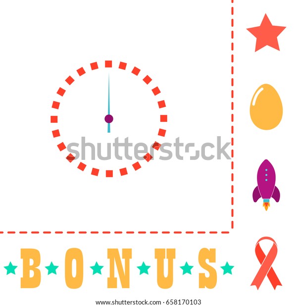 Time Icon
Illustration. Flat color pictogram on white background and bonus
symbol Star, Egg, Rocket,
Ribbon