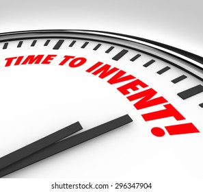 TIme to Invent words on a clock for new product ideas, innovation, imagination and creativity that solves a problem or meets a customer need