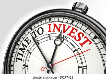 Time To Invest Concept Clock Closeup On White Background With Red And Black Words