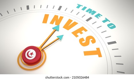 Time to invest words on clock face. Flag of Tunisia. 3D render