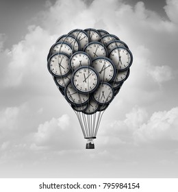 Time journey concept and age exploration idea as a group of clocks shaped as a hot air balloon with 3D illustration elements.