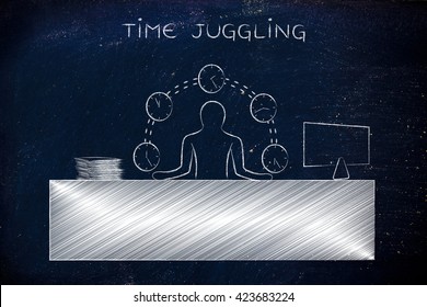 Time Juggling: Employee Or Ceo Juggling Time (clocks) At His Office Desk