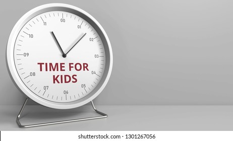 TIME FOR KIDS caption on the clock face. Conceptual 3D rendering