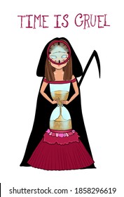 Time lady  A girl and watch face   sand glass dress and the shadow grim reaper behind her 