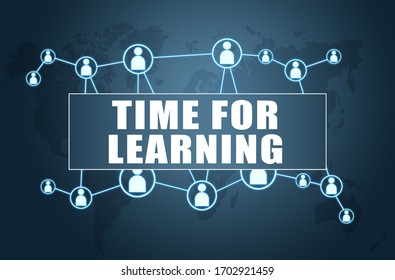 Time for Learning - text concept on blue background with world map and social icons.