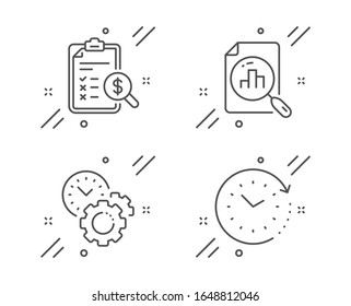 Time management, Analytics graph and Accounting report line icons set. Time change sign. Settings, Chart report, Check finance. Clock. Education set. Line time management outline icon.