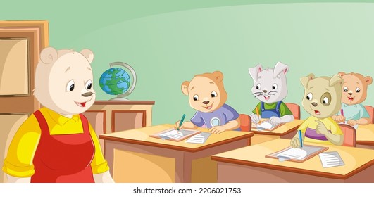 Time Management Collection. Character Education For Kids. Everyday Manners. Illustration For The Children. Cute And Funny Cartoon Characters. Animals Fairy Tale.