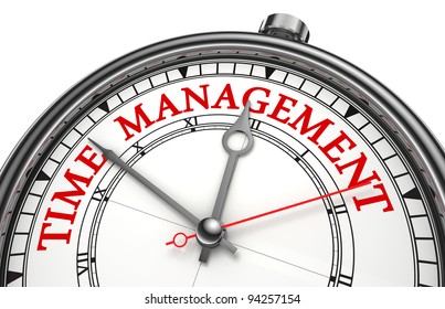 time management concept clock closeup isolated on white background with red and black words