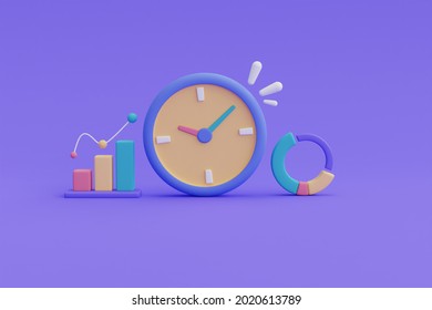 Time Management Concept With Clock And Pie Graph, Bar Chart,business Analysis.3d Render.