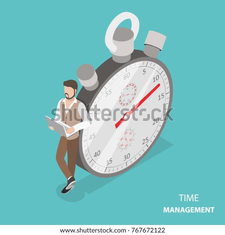 Time management flat isometric concept. Stylish young man is standing with his laptop near the stopwatch leaning at it.