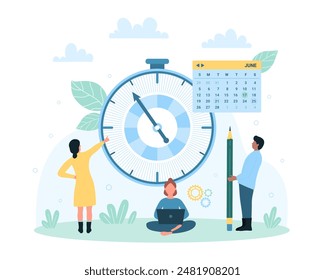 Time management illustration. Cartoon tiny people control progress of work with timer, pencil and schedule calendar with deadline date, organize business tasks with planner and stopwatch