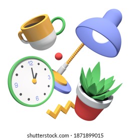 Time Management - Modern Colorful Realistic 3d Illustration. Workflow, Deadline And Office Life Idea. Unusual Composition With Three Dimensional Images Of A Potted Plant, Coffee Cup, Lamp, Clock