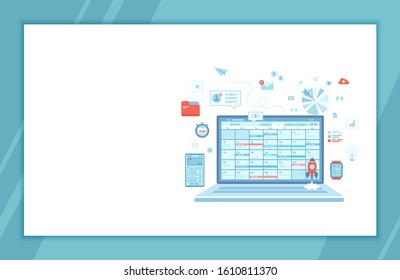 Time Management, organization, planning schedule, distribution of tasks. Laptop with schedule on the screen. Application for computer, phone and smart watches. landing page for web, banner. Raster 