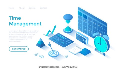 Time management, organizing, planning schedule in application. Personal calendar, list of tasks, hourglass, alarm clock. Isometric illustration. Landing page template for web on white background. - Powered by Shutterstock