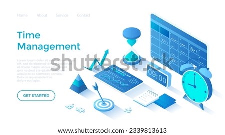 Time management, organizing, planning schedule in application. Personal calendar, list of tasks, hourglass, alarm clock. Isometric illustration. Landing page template for web on white background.
