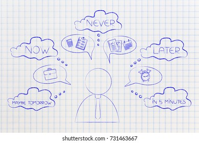 time management and procrastination concept: doubtful businessman considering if doing things now or never or later, surrounded by business objects