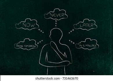 time management and procrastination concept: doubtful man considering if doing things now or never or later