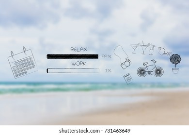 time management and procrastination concept: work and relax percentage bars with calendar and leisure objects with relax being predominant (blurred beach background)