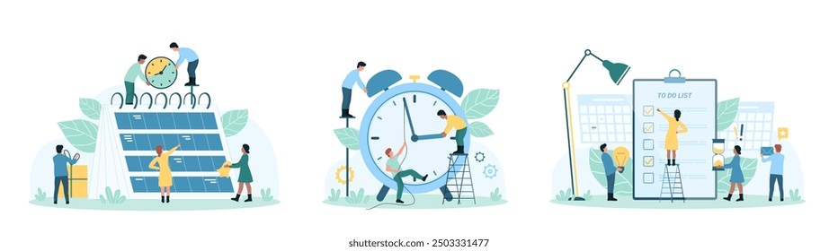 Time management set illustration. Cartoon tiny people plan business events and agenda on page of office paper calendar, work with tasks in to do list on clipboard, push hand of deadline clock - Powered by Shutterstock