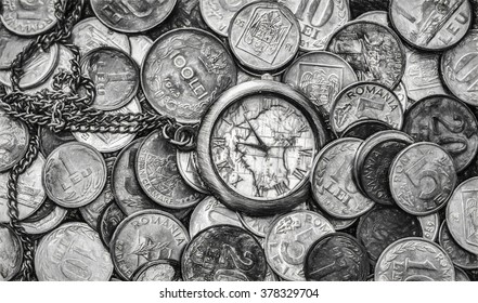 Time is money  bunch coins and pocket watch top  top view    Charcoal digital illustration art work