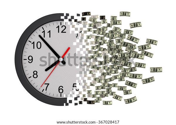 Time\
Is Money. Clock Falling Apart To Dollars. 3D\
Model.
