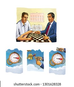 Time Is Money. Two Men Play Checkers With Coins. Clock. Interval Mutual Fund.