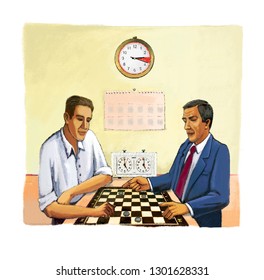 Time Is Money. Two Men Play Checkers With Coins. Clock. Interval Mutual Fund.