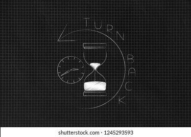 Time Passing By Conceptual Illustration: Hourglass And Clock With Reverse Arrow And Turn Back Time Caption