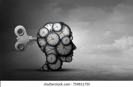 Time to plan and take action business concept as a group of clocks shaped as a human head with a winding key with 3D render elements.