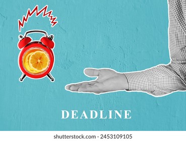 Time Pressure Concept Composite Collage. There is a ringing alarm clock with lemon slices instead of a dial. A man hand d reaches out to the alarm clock. Below is the inscription “dedline”. - Powered by Shutterstock