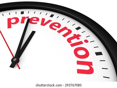 Time for prevention, health and safety lifestyle concept with a clock and prevention word and sign printed in red 3d render image.