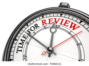 time for review concept clock closeup on white background with red and black words