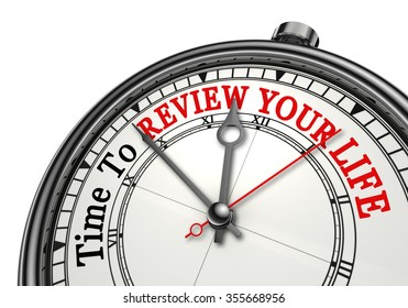 Time to review your life red word on concept clock, isolated on white background