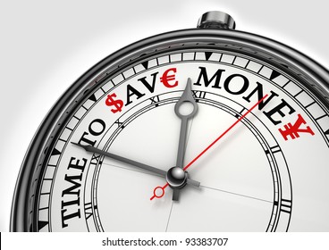 Time To Save Money Concept Clock Closeup On White Background With Red And Black Words