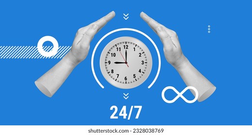 Time saving, control, self-management and time management concept. Careful attitude to their time. Hands protect clock symbolizing fleetingness of time. Minimalist art collage.