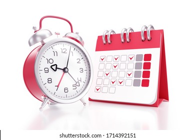 Time Scheduling. An alarm clock placed beside of a desk calendar with printed symbolic days of a month and both of them are standing on reflective white background. 3D rendering graphics.