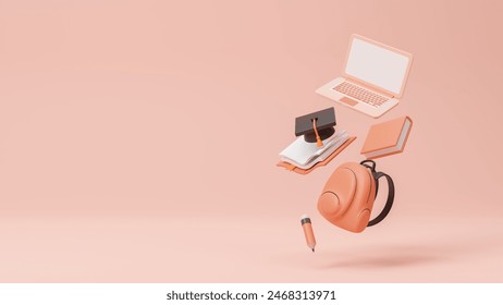 Time to school. Back to school concept, 3d design of school supplies in cartoon minimal style. Advertising of educational institutions. Education and pupils learning items. Creative idea. 3d rendering