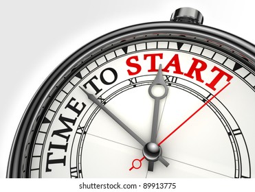 time to start concept clock closeup on white background with red and black words