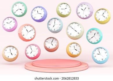 Time Stop Watch Alarm Stand Display Podium Product Past Present Future Minute Hour Season. Platform Colorful Pastel Clock Celebrate New Year Birthday Christmas Countdown Holiday. 3D Illustration.