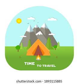 Time to travel. Camping travelling picturesque landscape illustration. Template with beautiful view on mountains, campfire, on mountain and forest background.