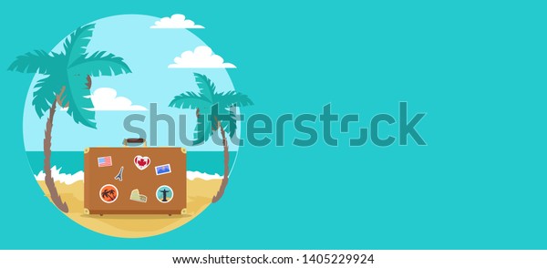 Time to travel web poster\
suitcase with magnets souvenirs from usa france great britain italy\
and southern countries raster illustration sea\
landscape
