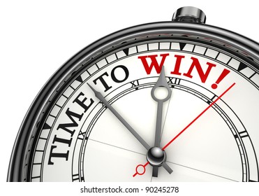 time to win concept clock closeup on white background with red and black words