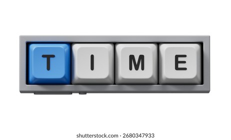 Time.Computer keyboard keys spelling.Flat lay view from above on computer keyboard keys buttons.IT technology concept.3D rendering on Green Screen for footage and clipping path.